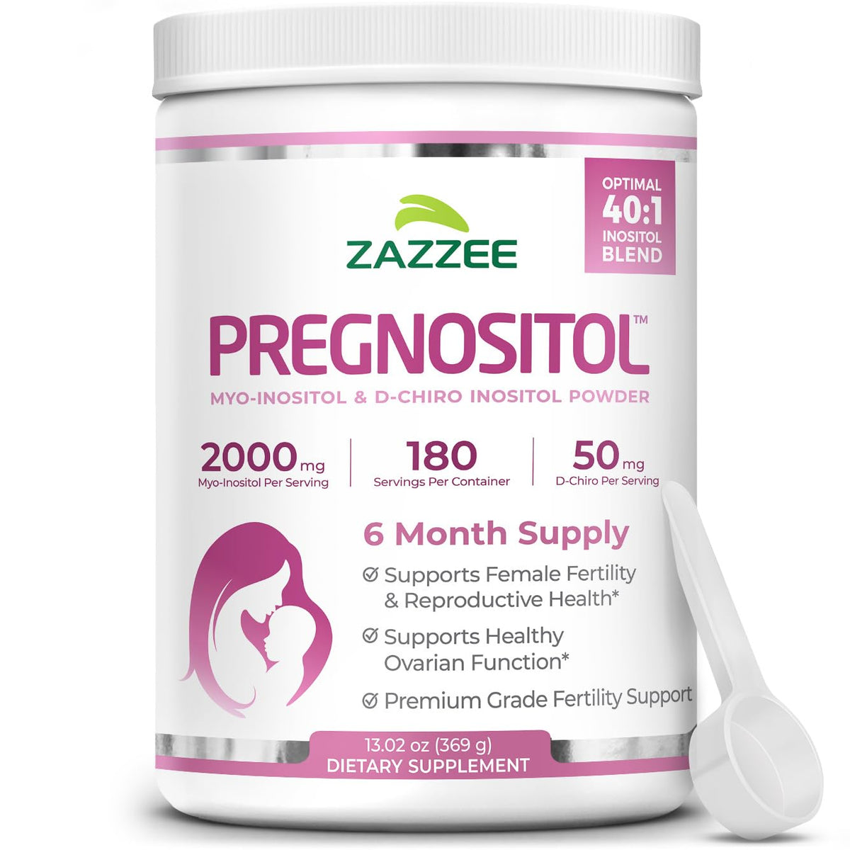 Zazzee PREGNOSITOL powder with free scoop for precise daily dosage.