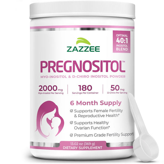Zazzee PREGNOSITOL powder with free scoop for precise daily dosage.