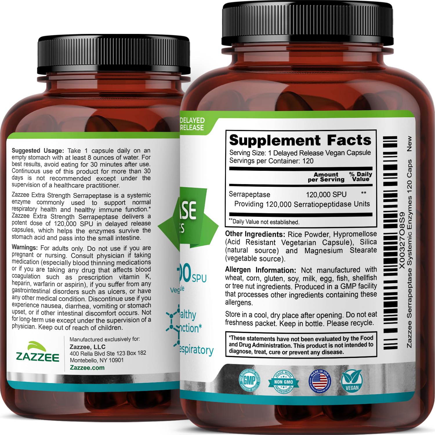 Zazzee serrapeptase bottle label with clean sustainable cues.