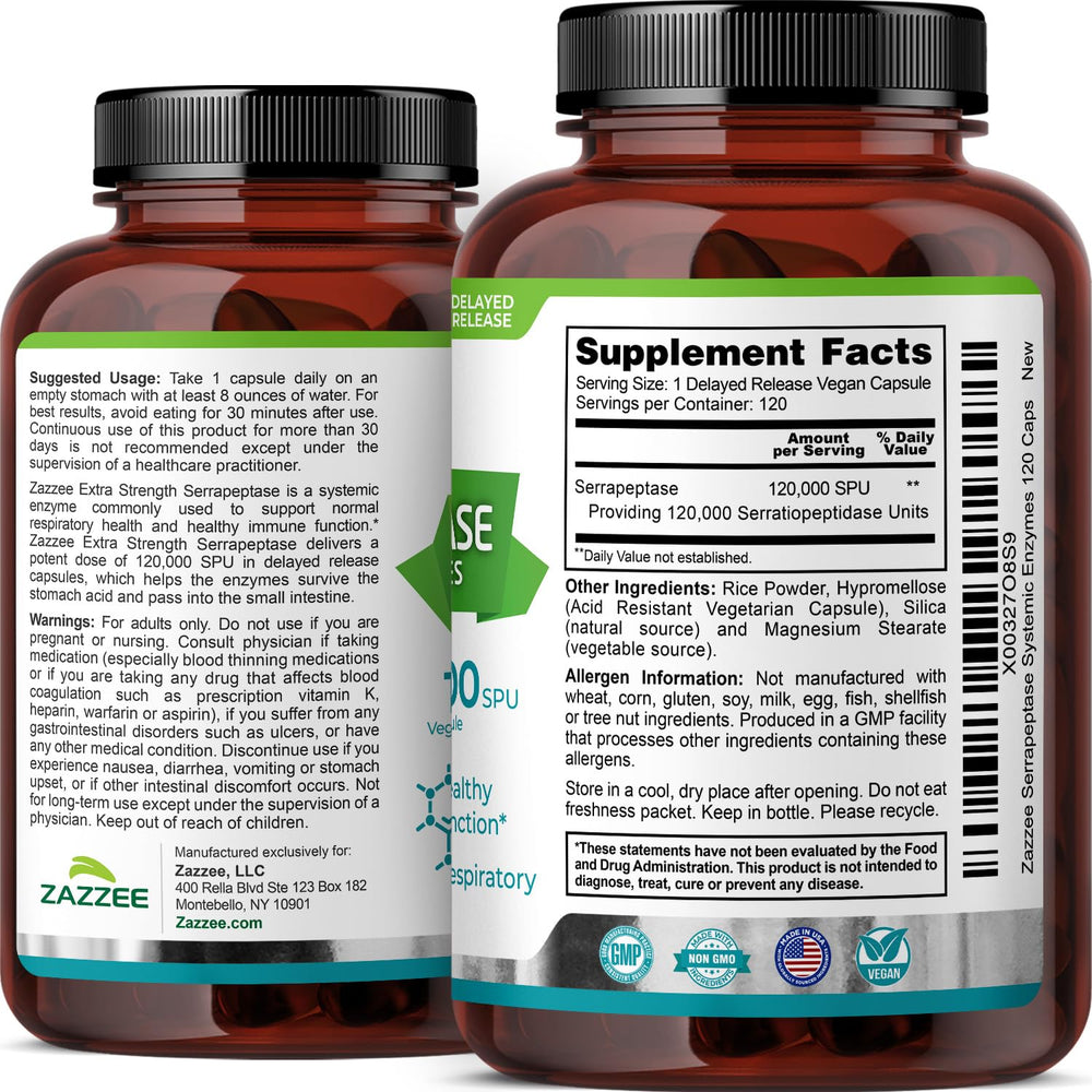 Zazzee serrapeptase bottle label with clean sustainable cues.