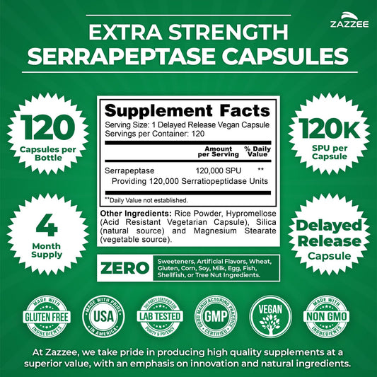 Zazzee serrapeptase capsules 120000 SPU showcase potency and daily use.