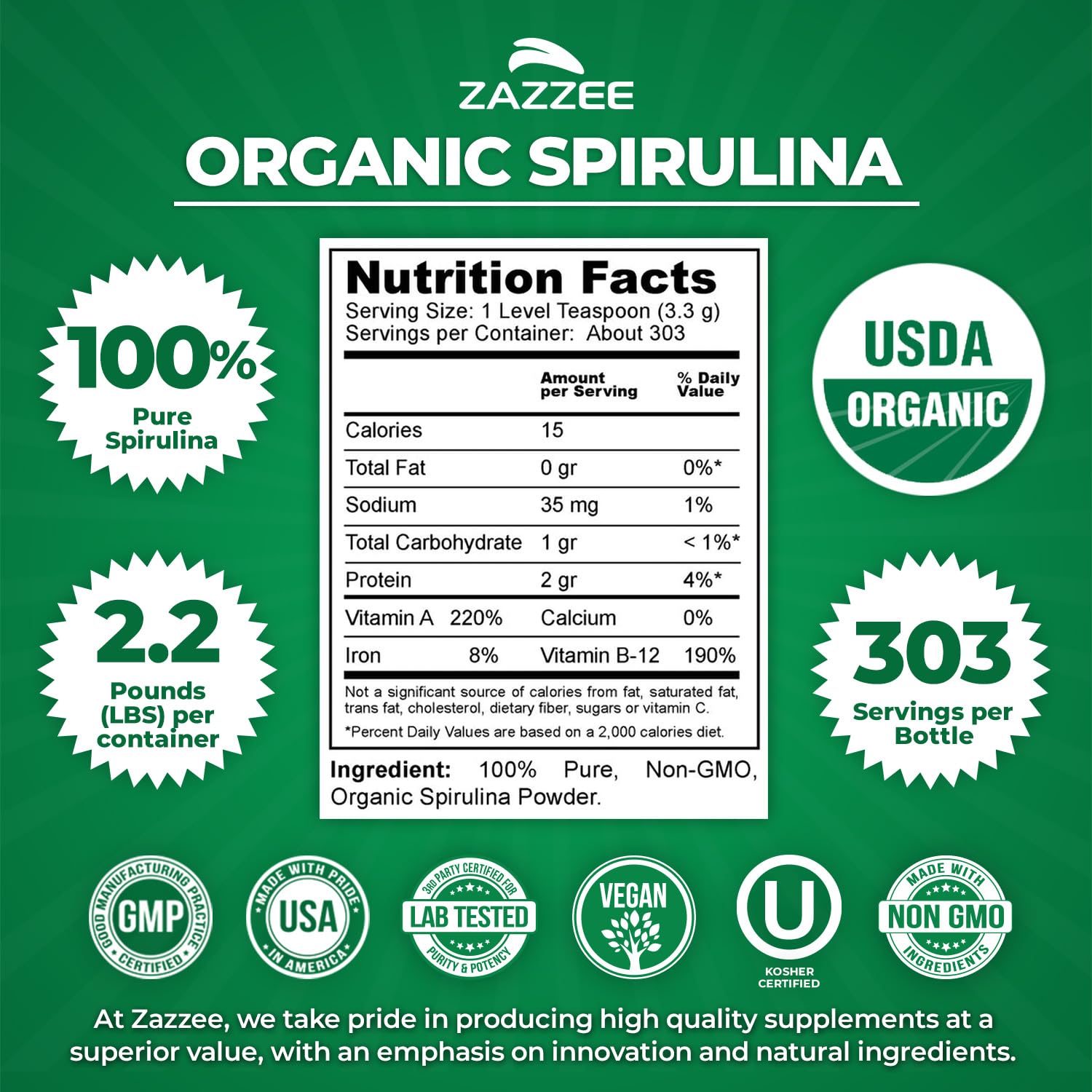 Zazzee spirulina powder with fresh smell enhances smoothies.