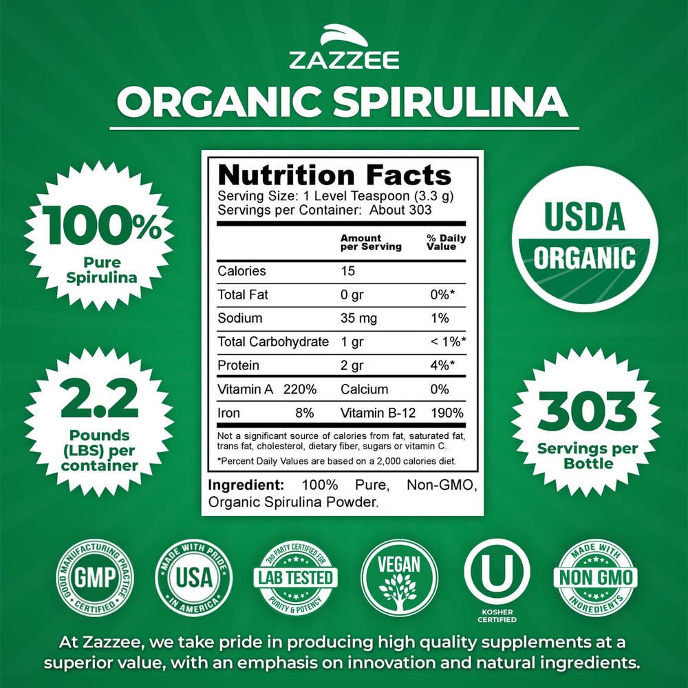 Zazzee spirulina powder with fresh smell enhances smoothies.