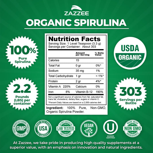 Zazzee spirulina powder with fresh smell enhances smoothies.