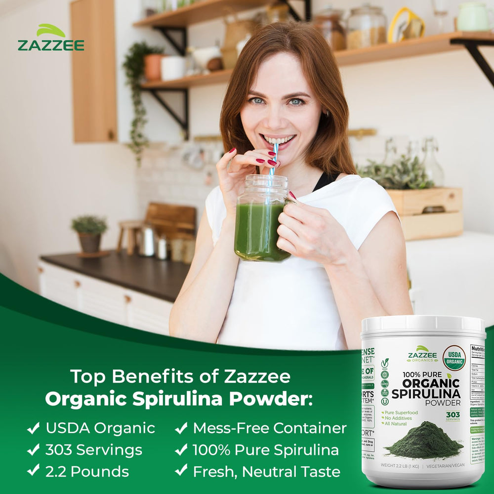 Zazzee spirulina powder with measuring teaspoon for accuracy.