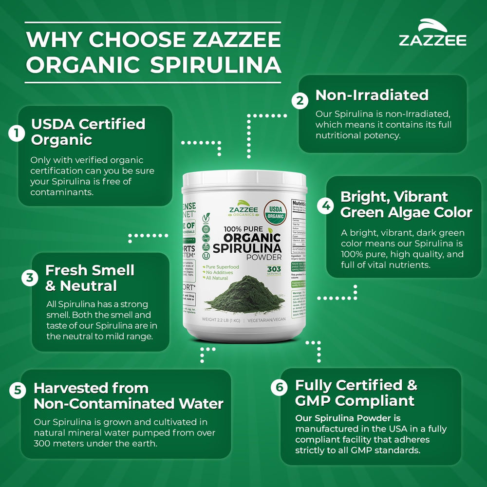 Zazzee spirulina powder with USDA Organic certification.
