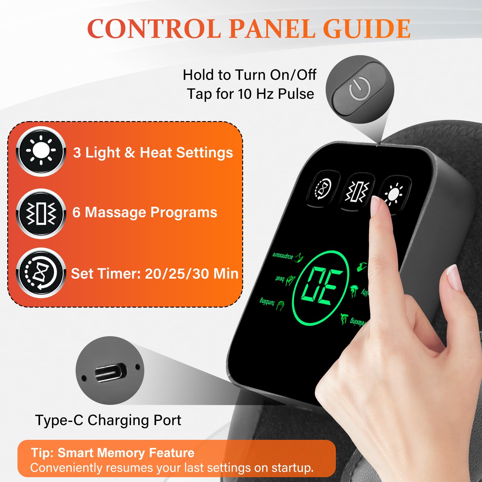 Zdatt Adjustable massager control panel, side view for easy customization.