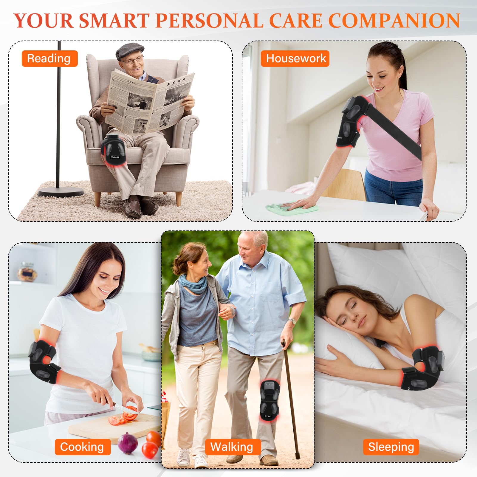 Zdatt Ergonomic knee massager with strap for secure fit.