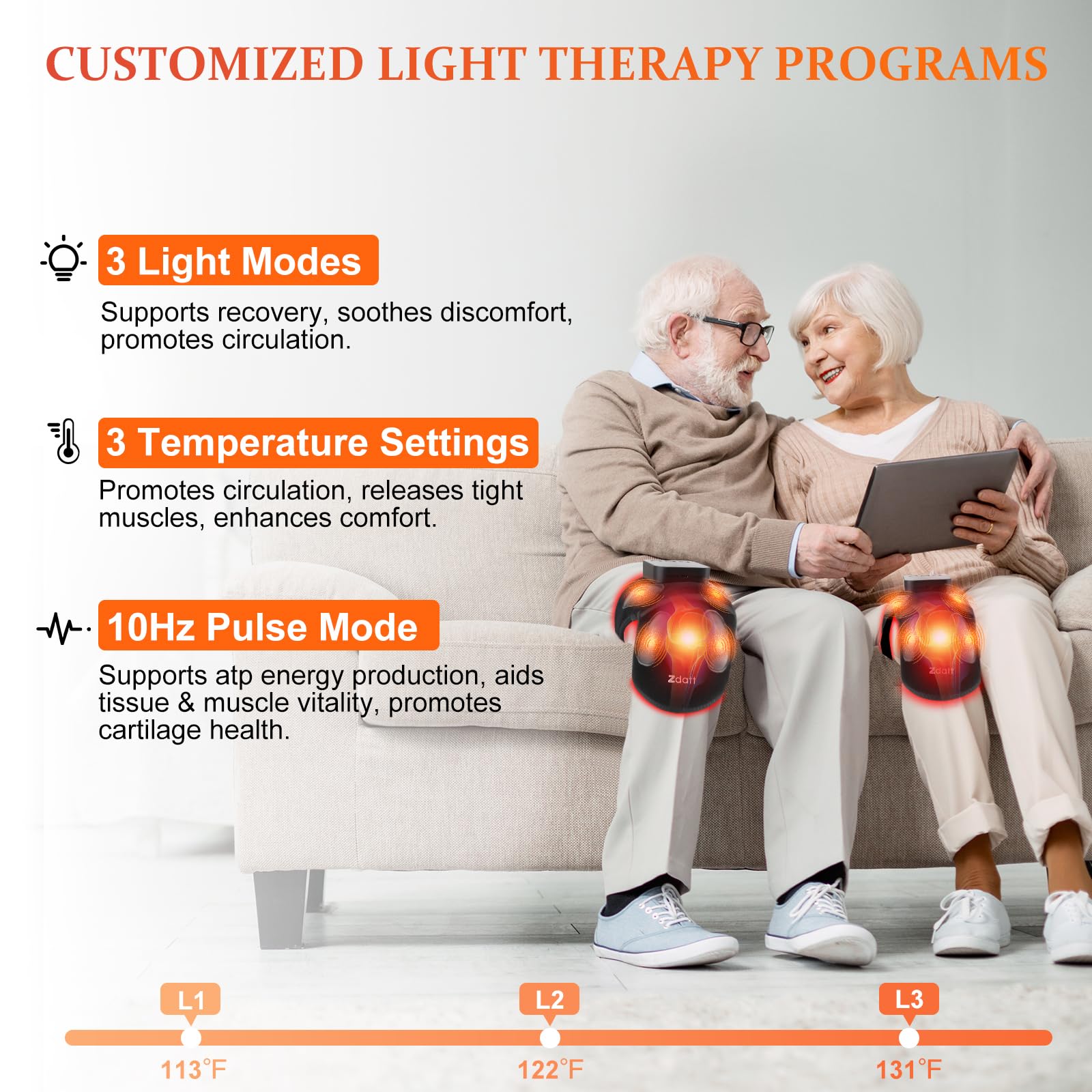Zdatt Knee Massager with Heat, front view and adjustable warmth.