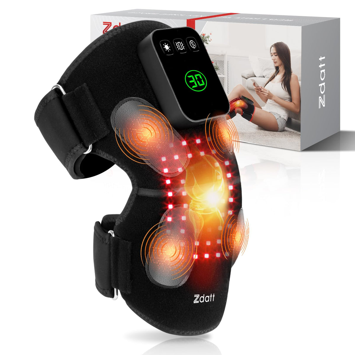 Zdatt Red Light Therapy Knee, front view with LEDs for targeted relief.