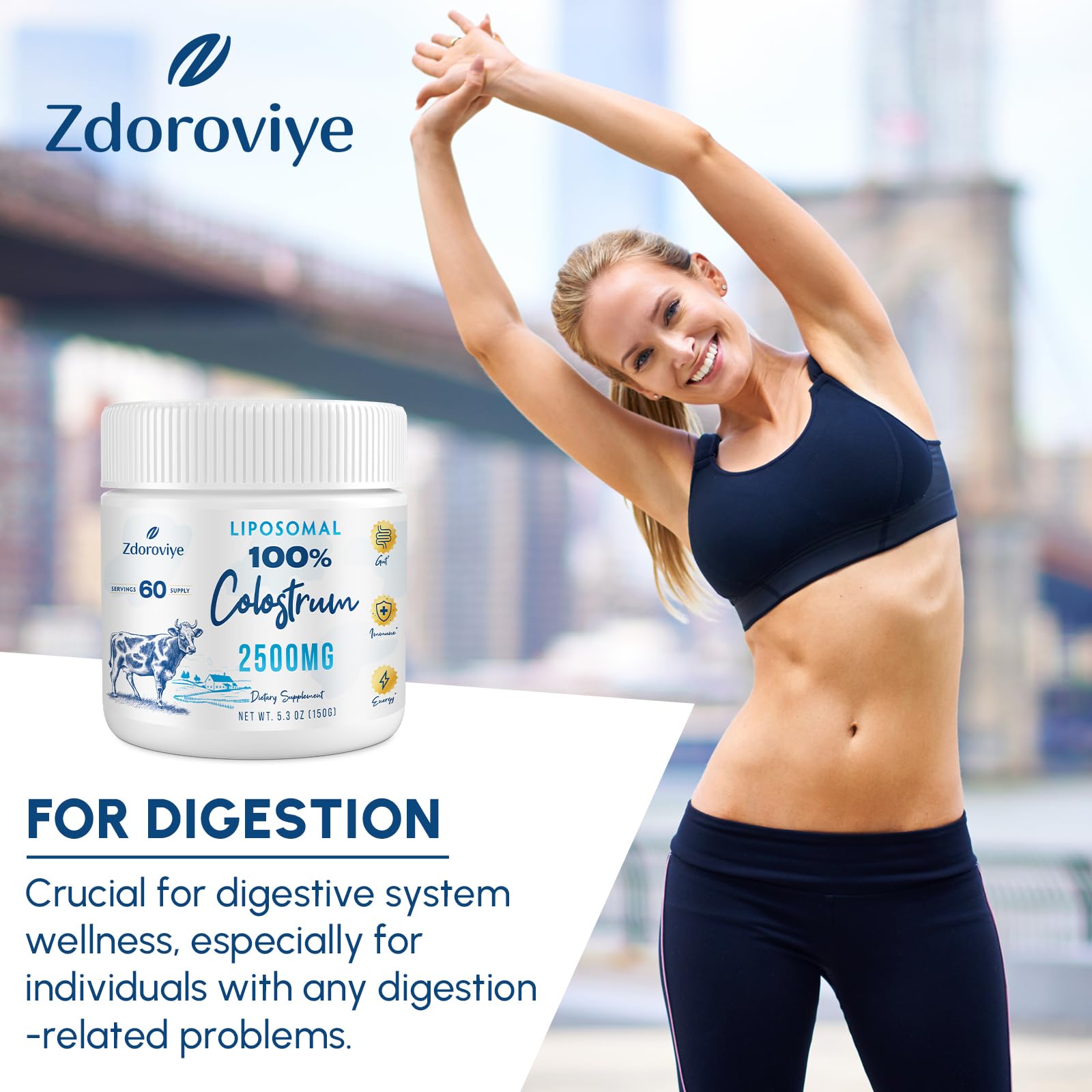 Zdoroviye colostrum powder pouring action suggests easy mixing.