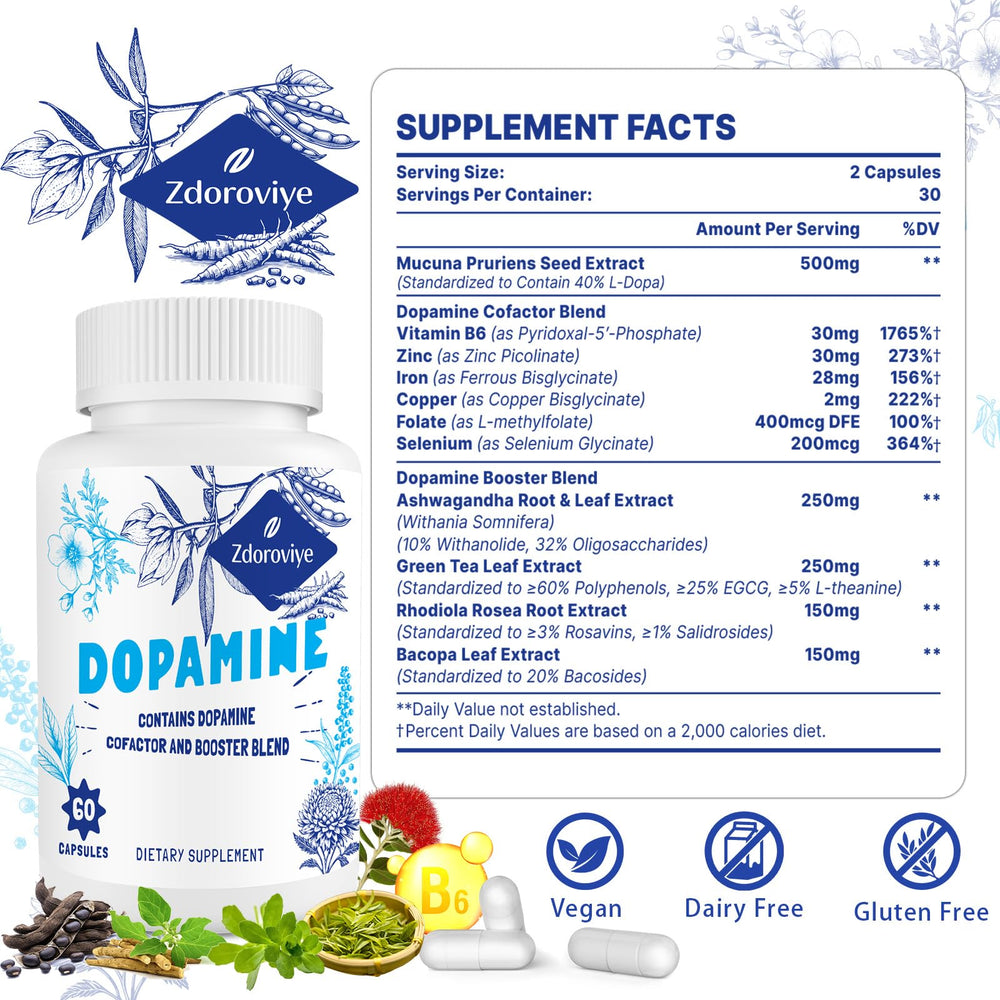 Zdoroviye dopamine capsules close-up showing 500mg mucuna pruriens extract.