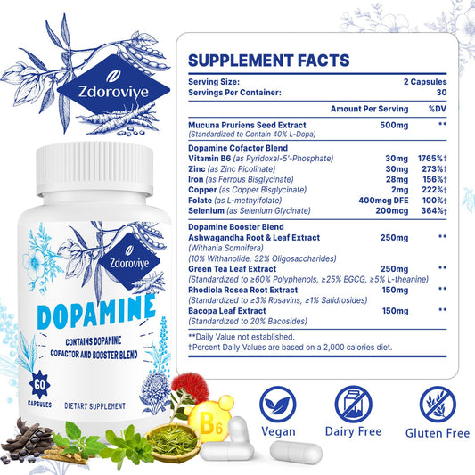Zdoroviye dopamine capsules close-up showing 500mg mucuna pruriens extract.
