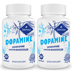 Zdoroviye dopamine supplements bottle on desk for daily wellness support.