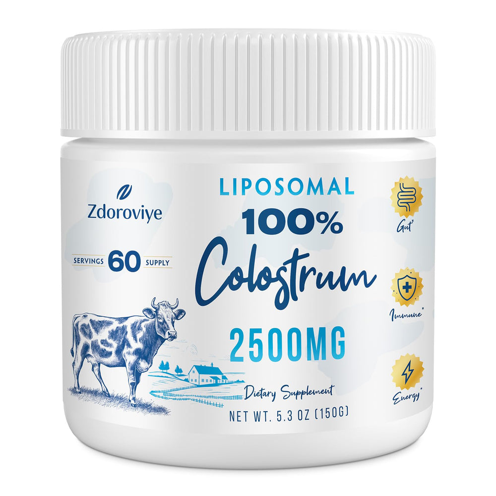 Zdoroviye liposomal bovine colostrum powder bottle for convenient daily use.