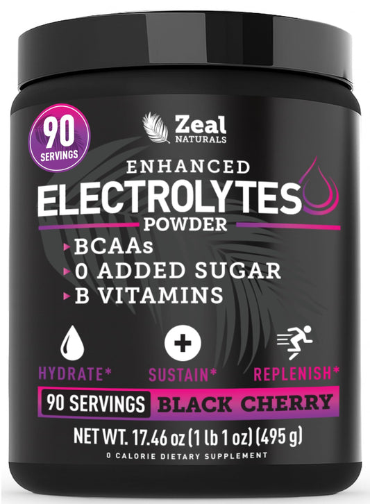 Zeal Electrolyte Powder bottle with Black Cherry flavor supports steady hydration during workouts.