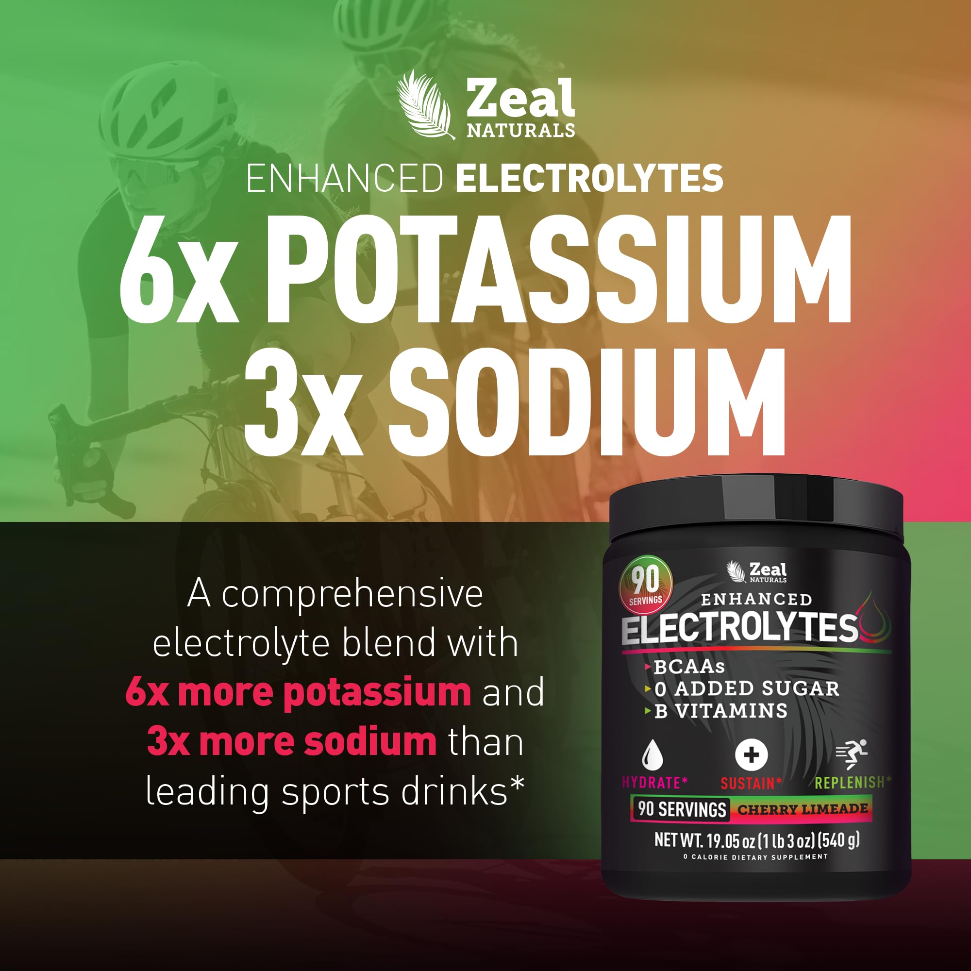 Zeal electrolyte powder scoop measures 1 serving for 90 servings.