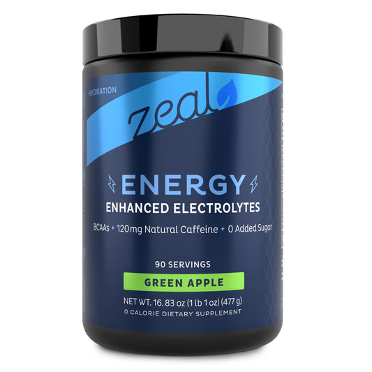 Zeal Electrolyte Powder bottle with green apple flavor supports hydration and recovery