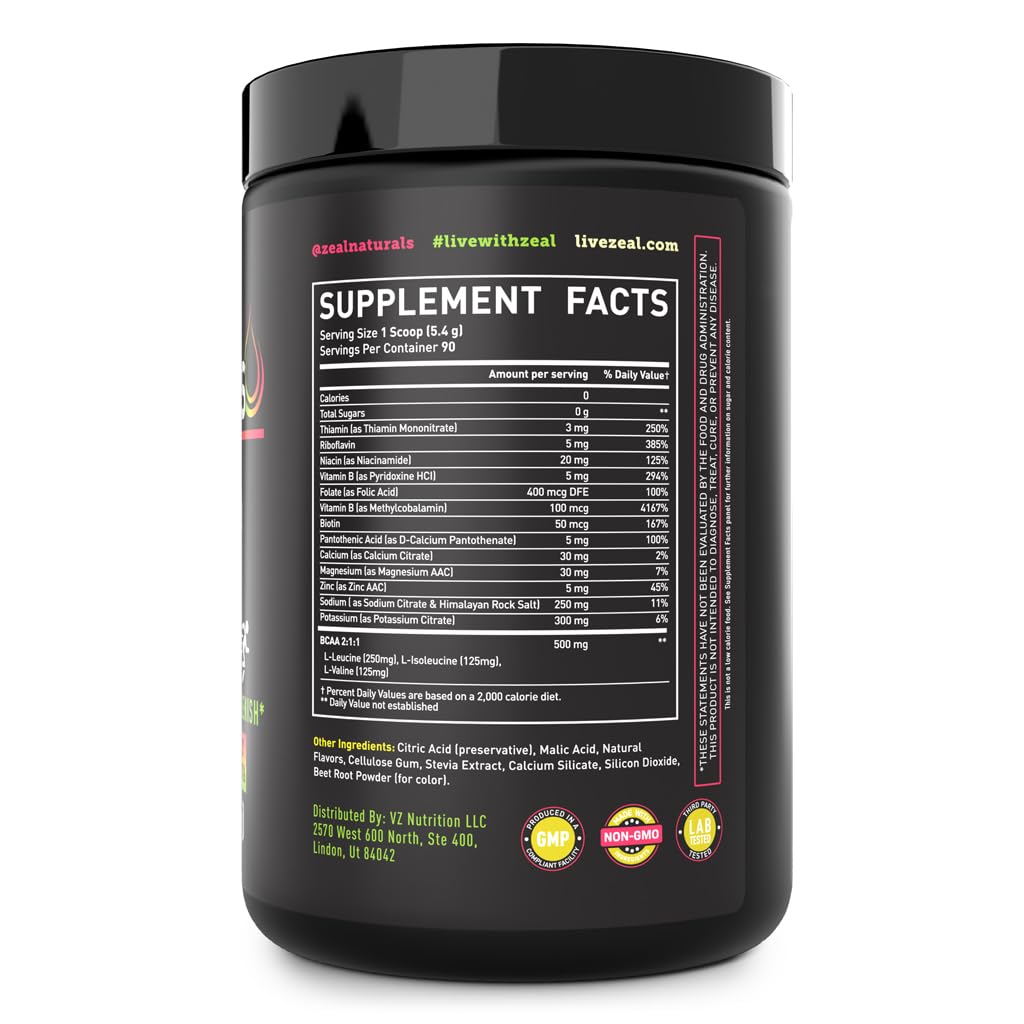 Zeal Naturals Zeal Electrolyte Powder ingredients closeup featuring pink Himalayan salt and minerals.