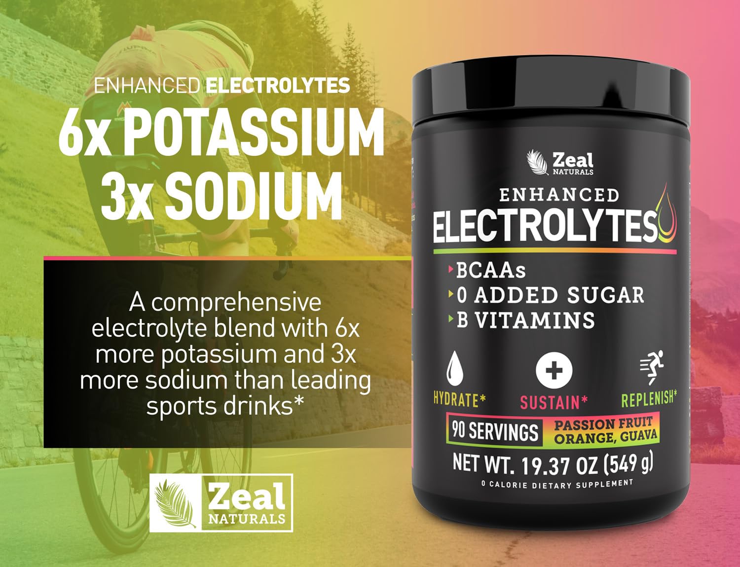 Zeal Naturals Zeal Electrolyte Powder mixed in water showing vibrant color.