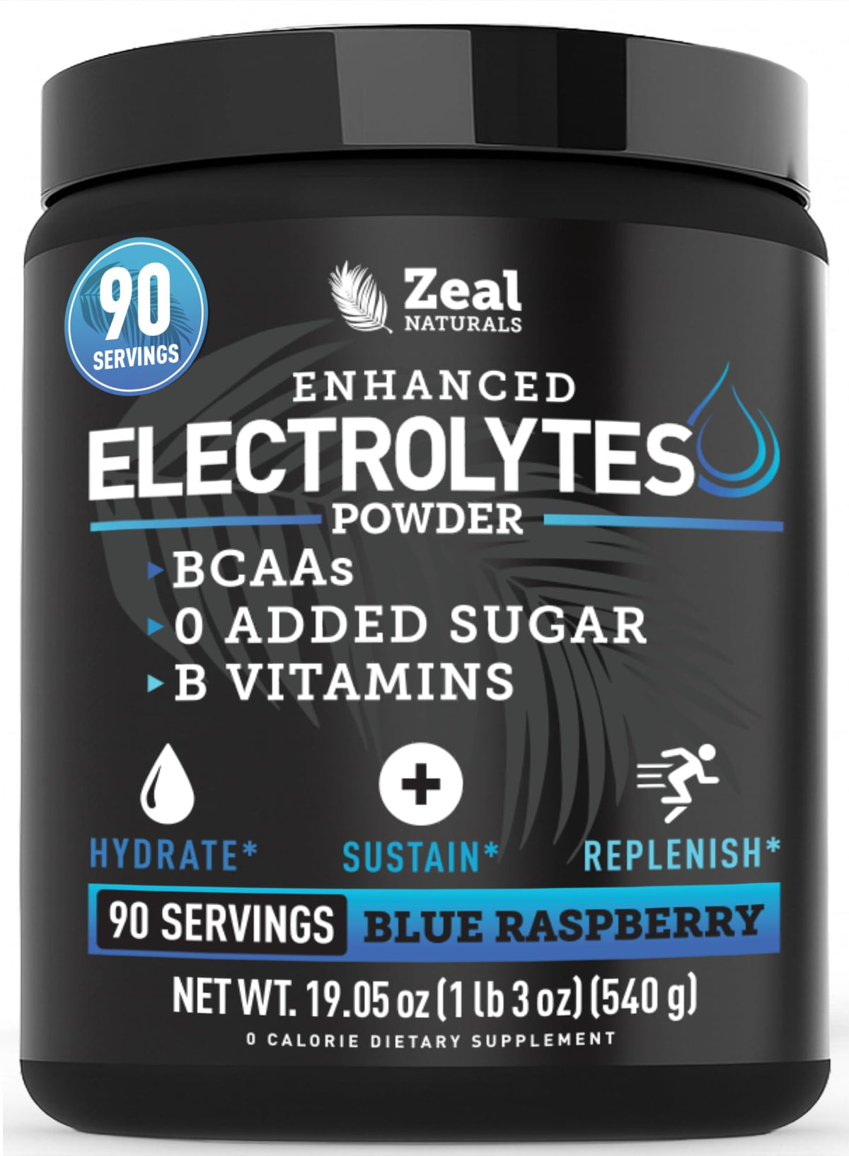 Zeal Electrolyte Powder tub with blue raspberry label for workout hydration.