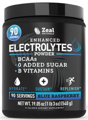 Zeal Electrolyte Powder tub with blue raspberry label for workout hydration.