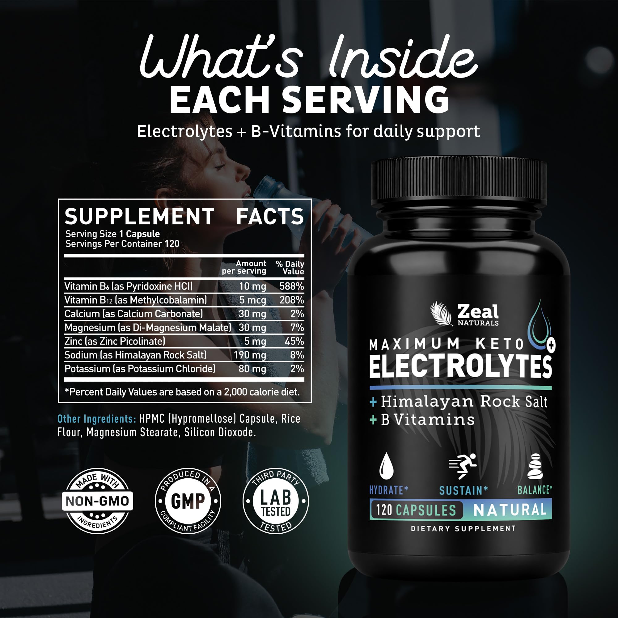 Zeal Keto Electrolyte Capsules label front highlighting ingredients.