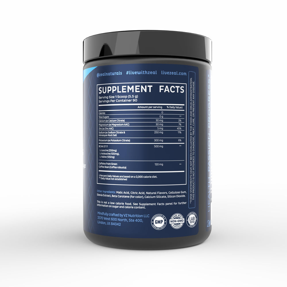 BCAAs and electrolytes visible in Zeal Naturals formula.