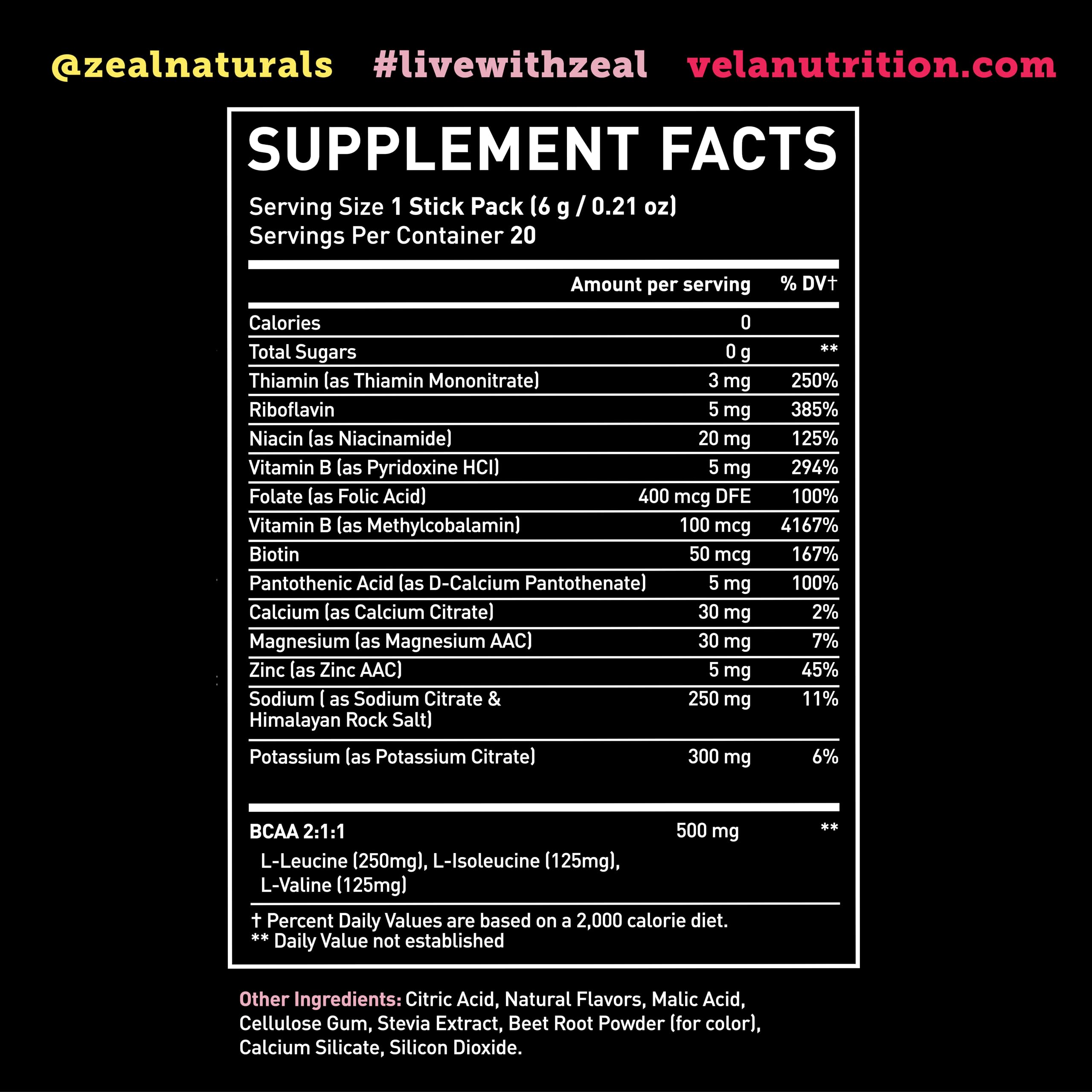 Zeal Naturals electrolyte label highlights BCAAs and vitamins for active people