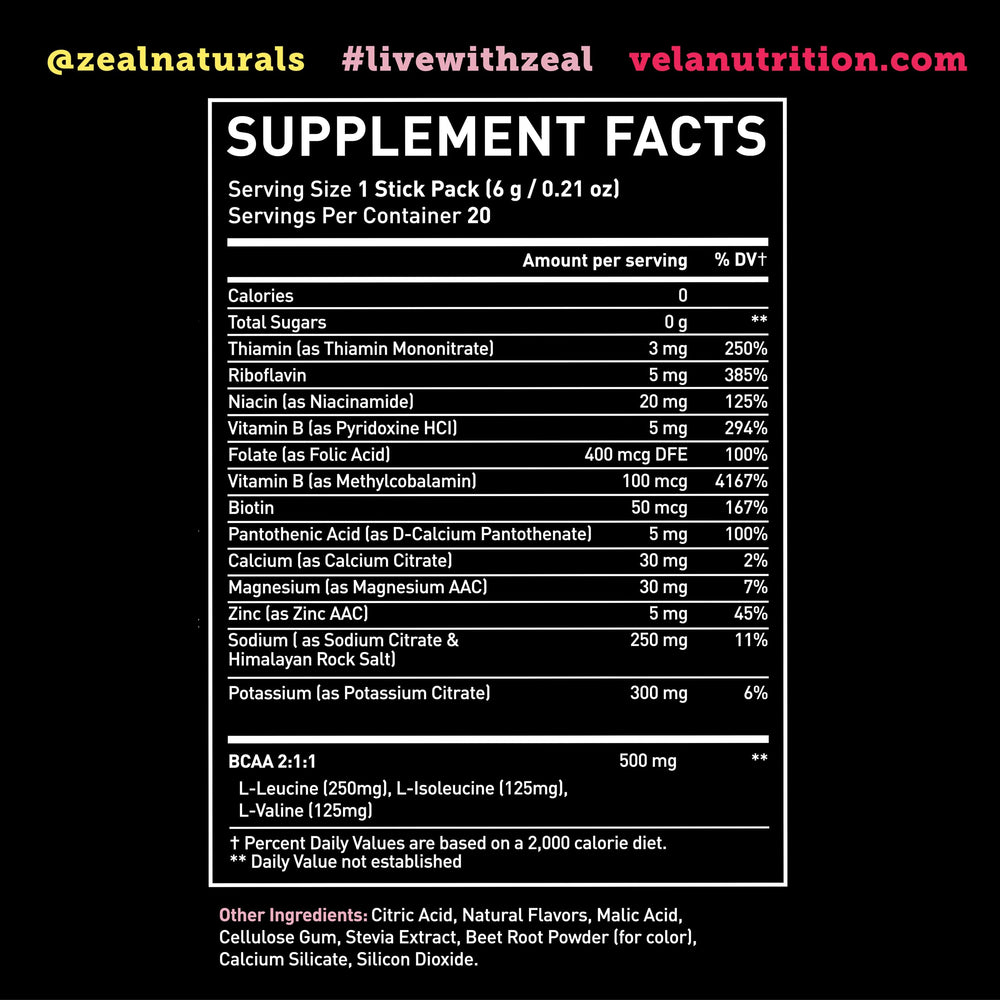 Zeal Naturals electrolyte label highlights BCAAs and vitamins for active people