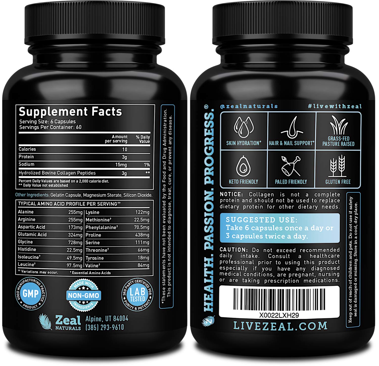 Close-up of Zeal Naturals Collagen Peptides capsules showing hydrolyzed collagen for absorption