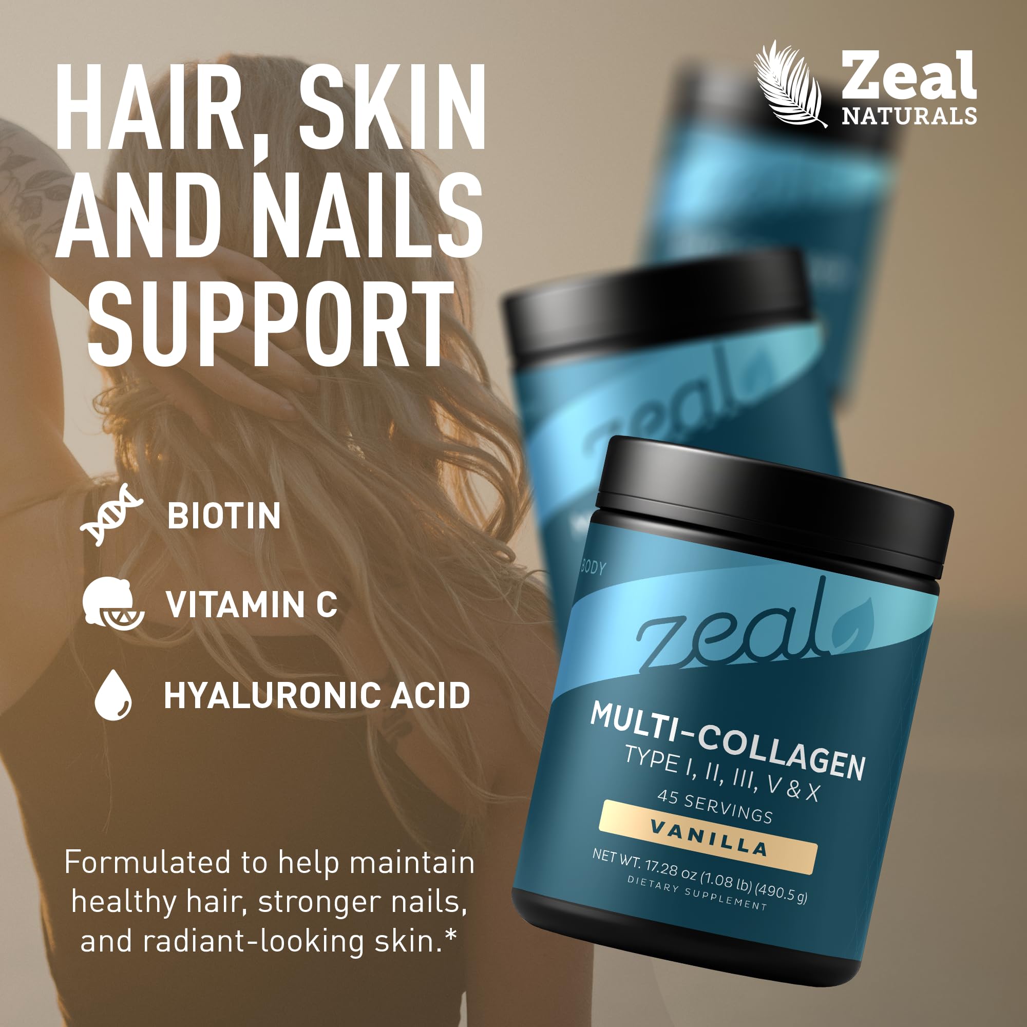 Zeal Naturals collagen peptides scoop in glass for easy daily use.