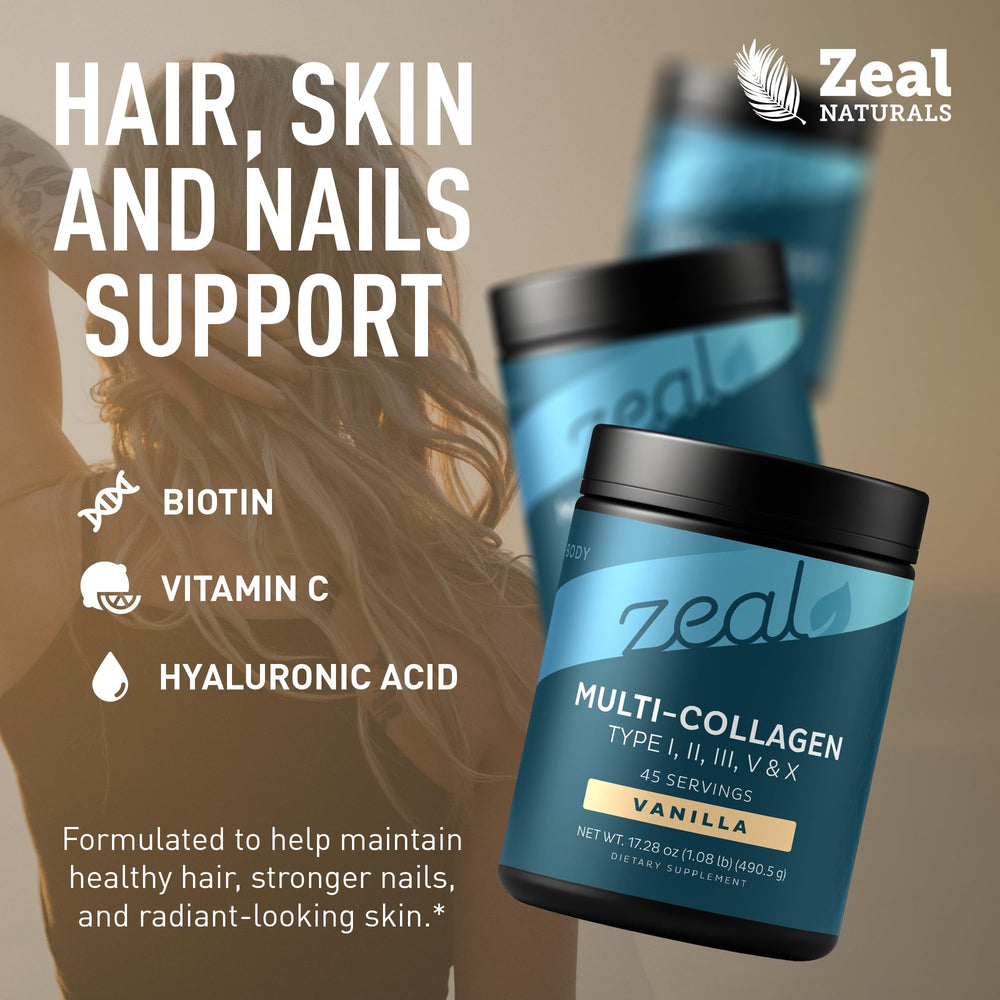 Zeal Naturals collagen peptides scoop in glass for easy daily use.