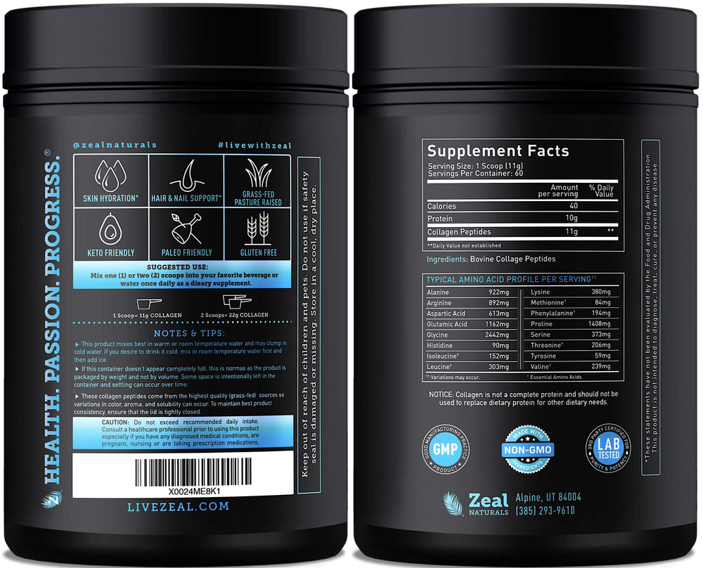 Zeal Naturals collagen powder bottle showing grass-fed source and added vitamin C.