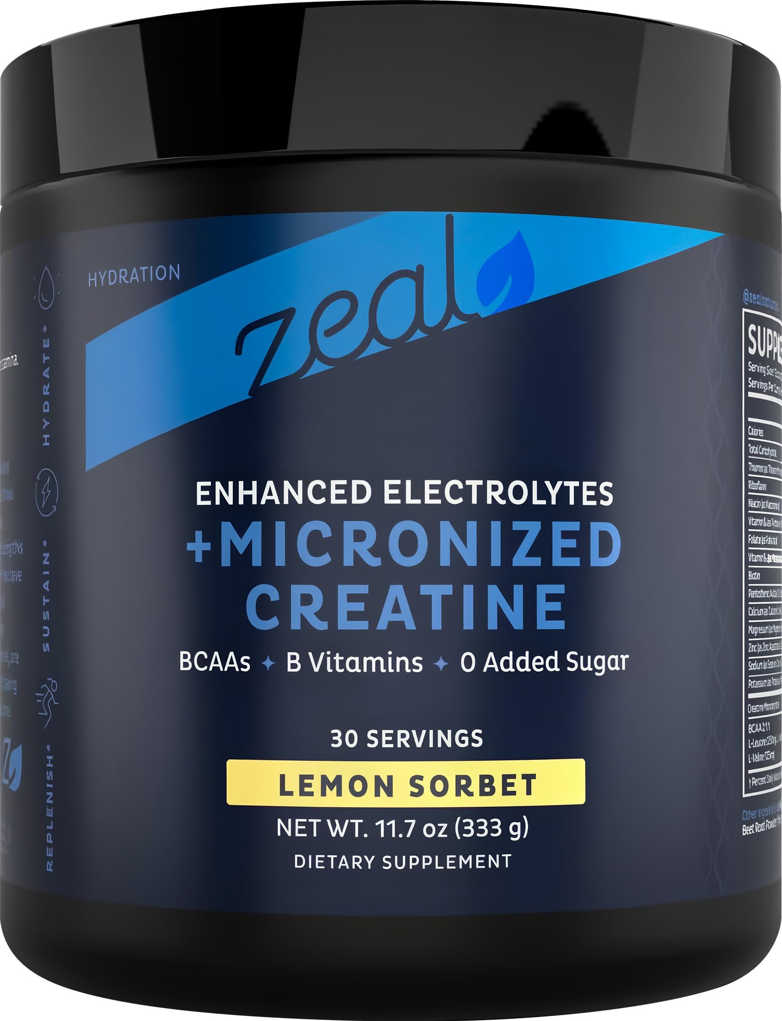 Zeal Naturals Creatine with Electrolytes bottle promotes hydration and energy.