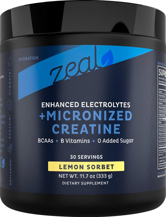 Zeal Naturals Creatine with Electrolytes bottle promotes hydration and energy.