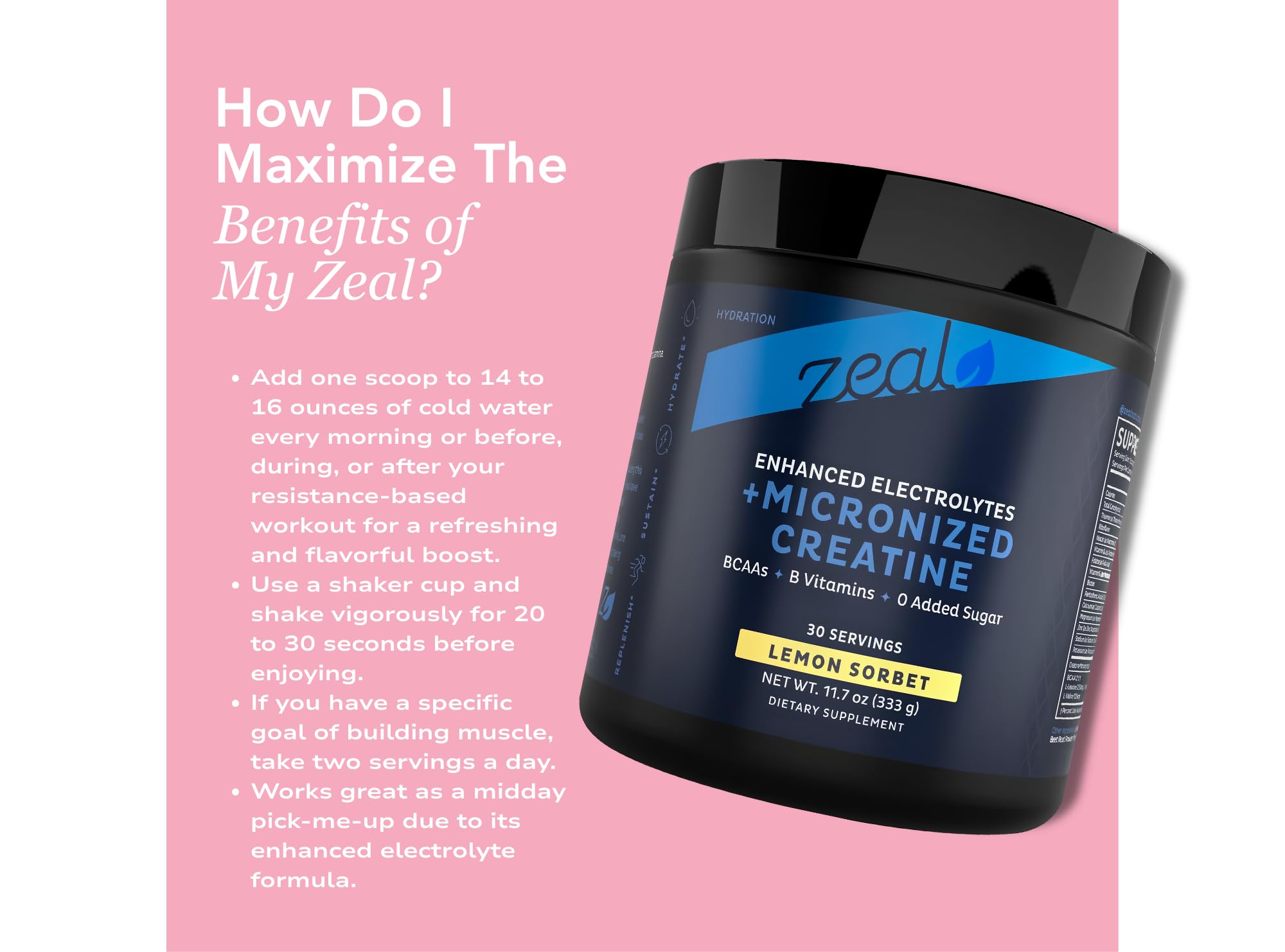 Zeal Naturals Creatine with Electrolytes kitchen scene suggests on-the-go energy.
