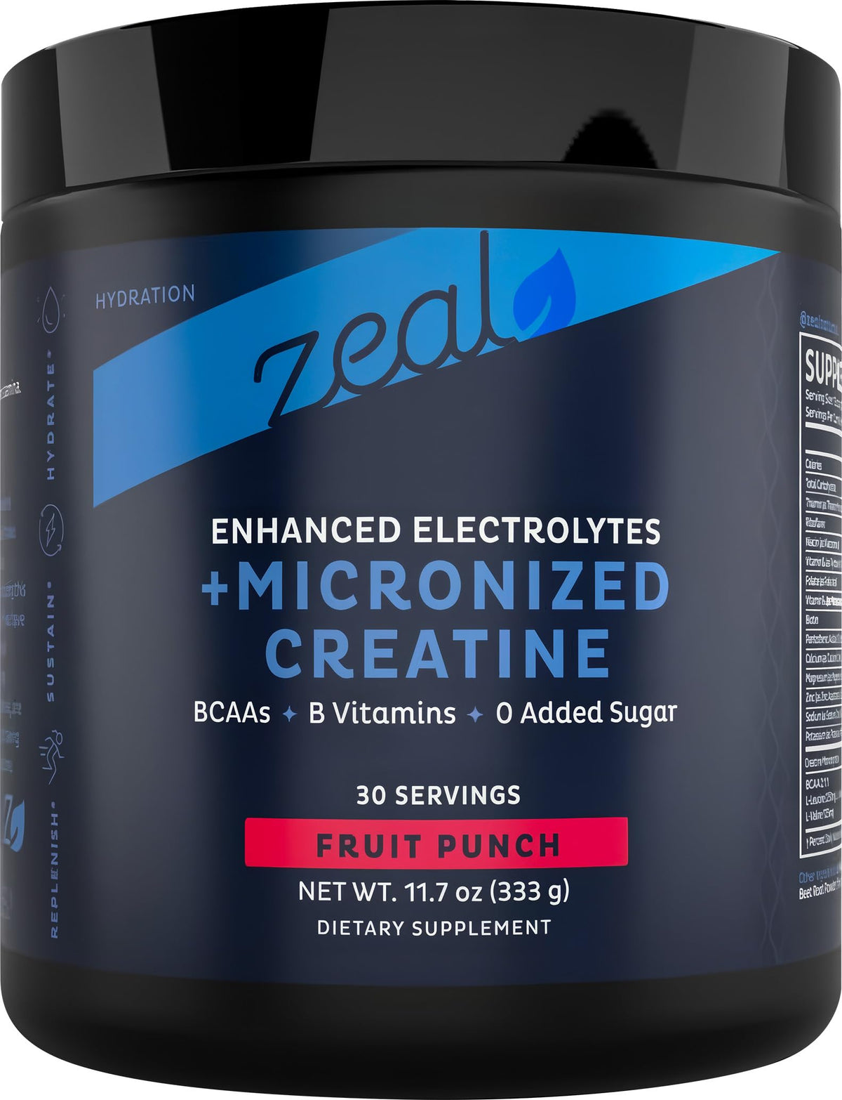 Zeal Naturals Creatine with Electrolytes tub highlights energy support for workouts