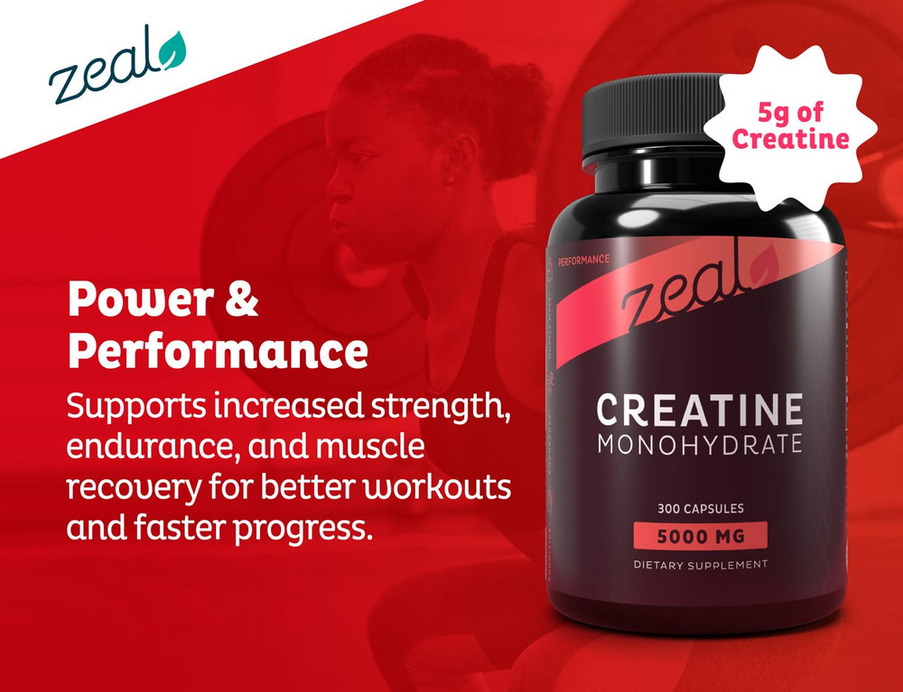 Zeal Naturals Creatine Monohydrate daily dosing supports consistent supplementation.