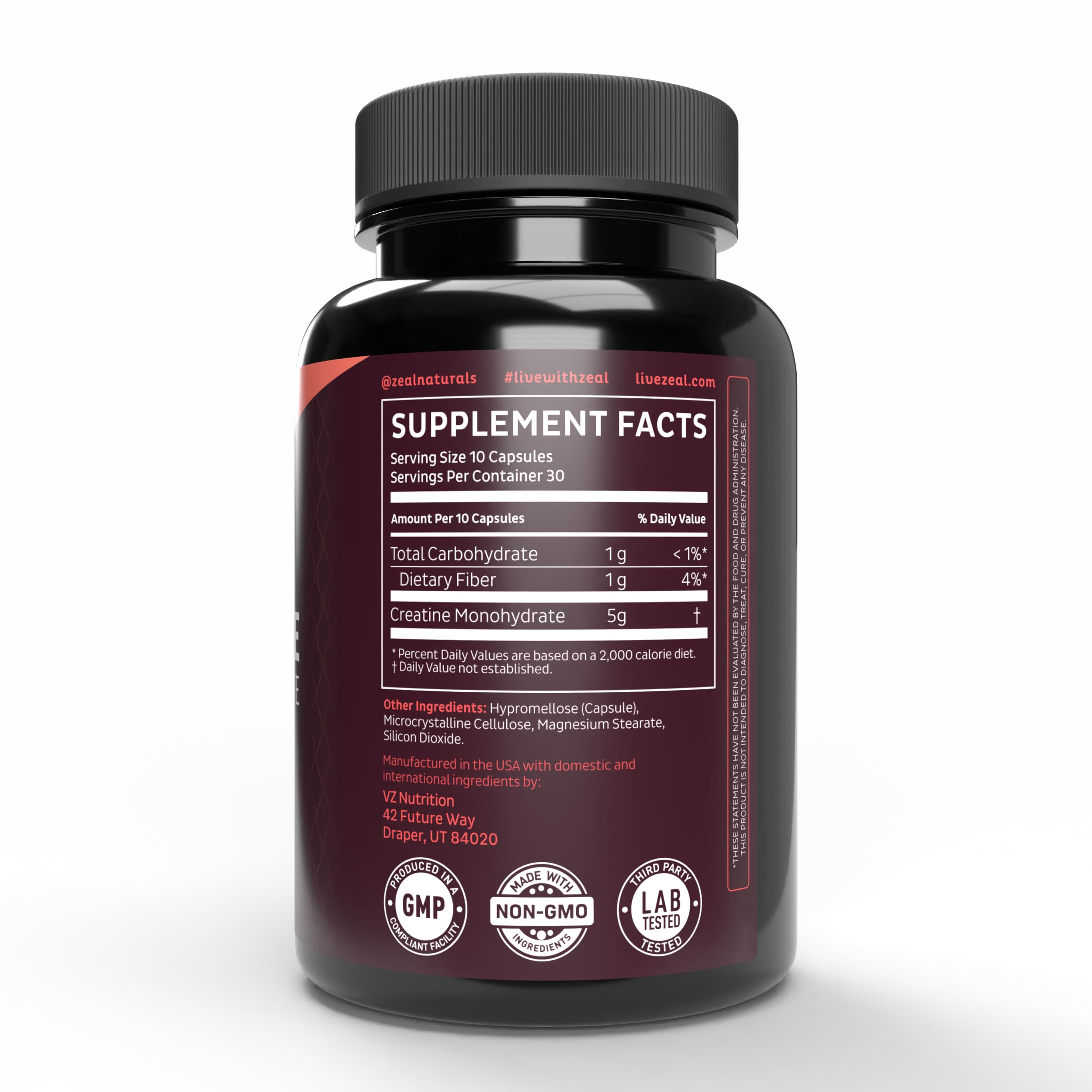 Zeal Naturals Creatine Monohydrate shaker-ready image suggests seamless mixing.