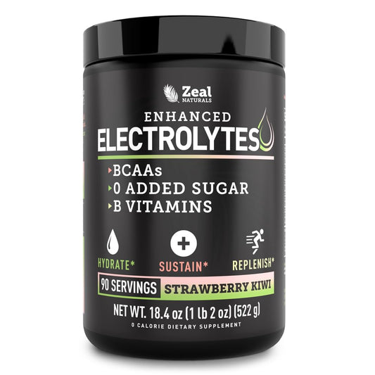 Zeal Naturals Electrolyte Powder bottle pour for post-workout hydration.