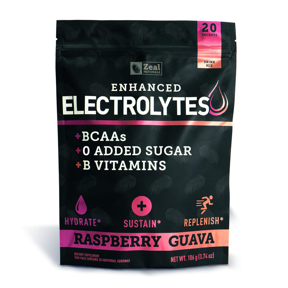 Zeal Naturals electrolyte stick Raspberry Guava packets for quick hydration.