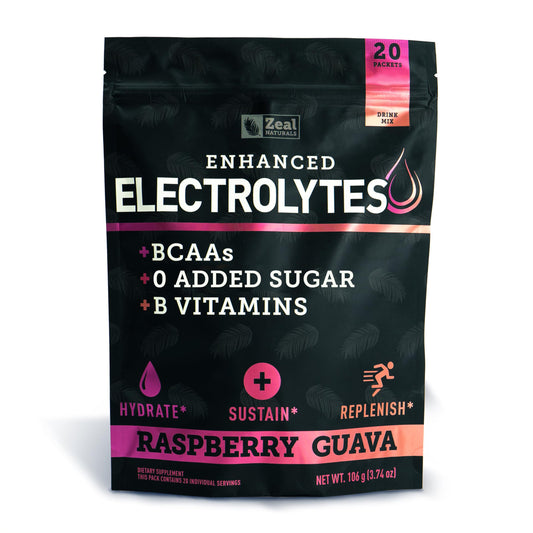 Zeal Naturals electrolyte stick Raspberry Guava packets for quick hydration.