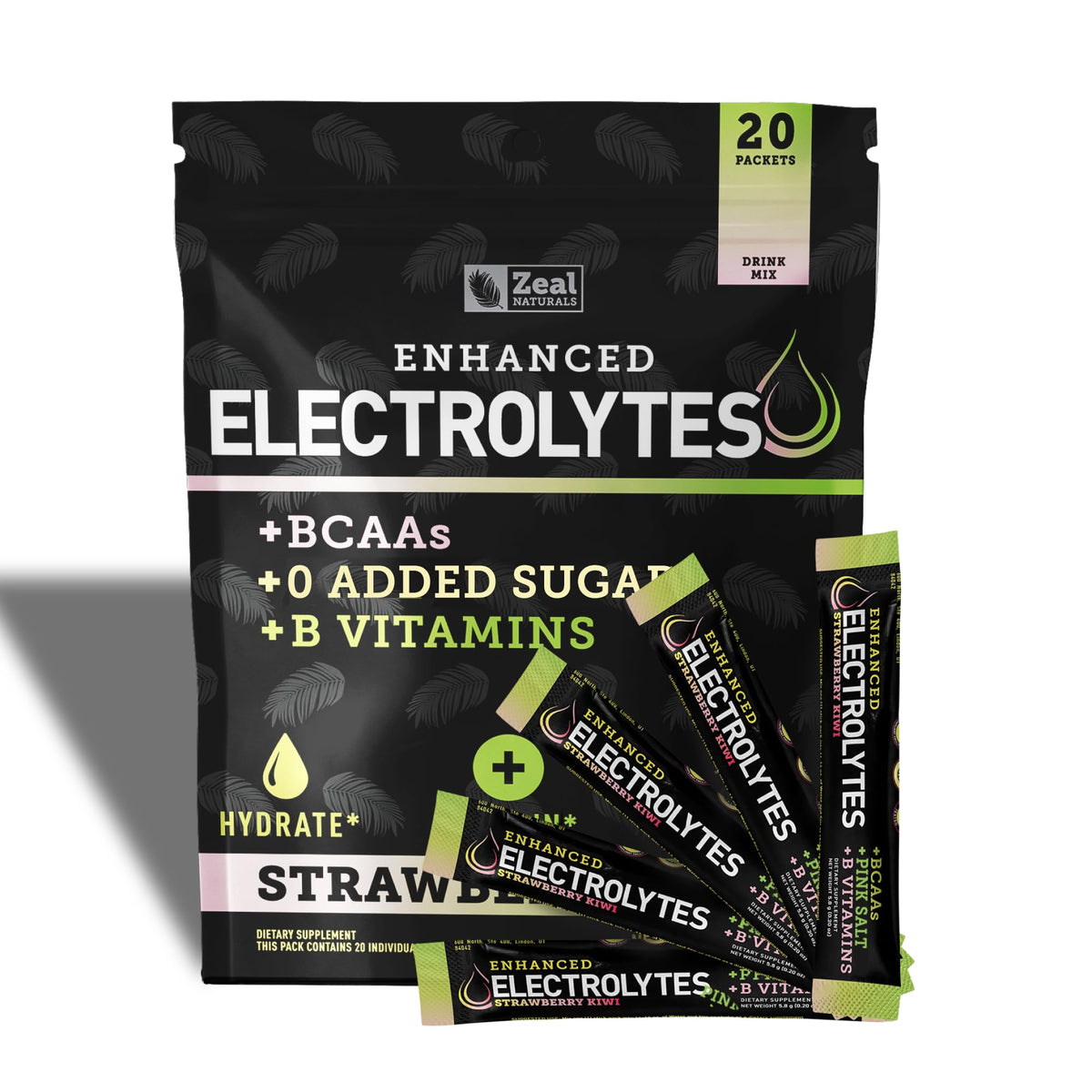 Zeal Naturals Enhanced Electrolyte Stick front packaging shows zero sugar hydration option