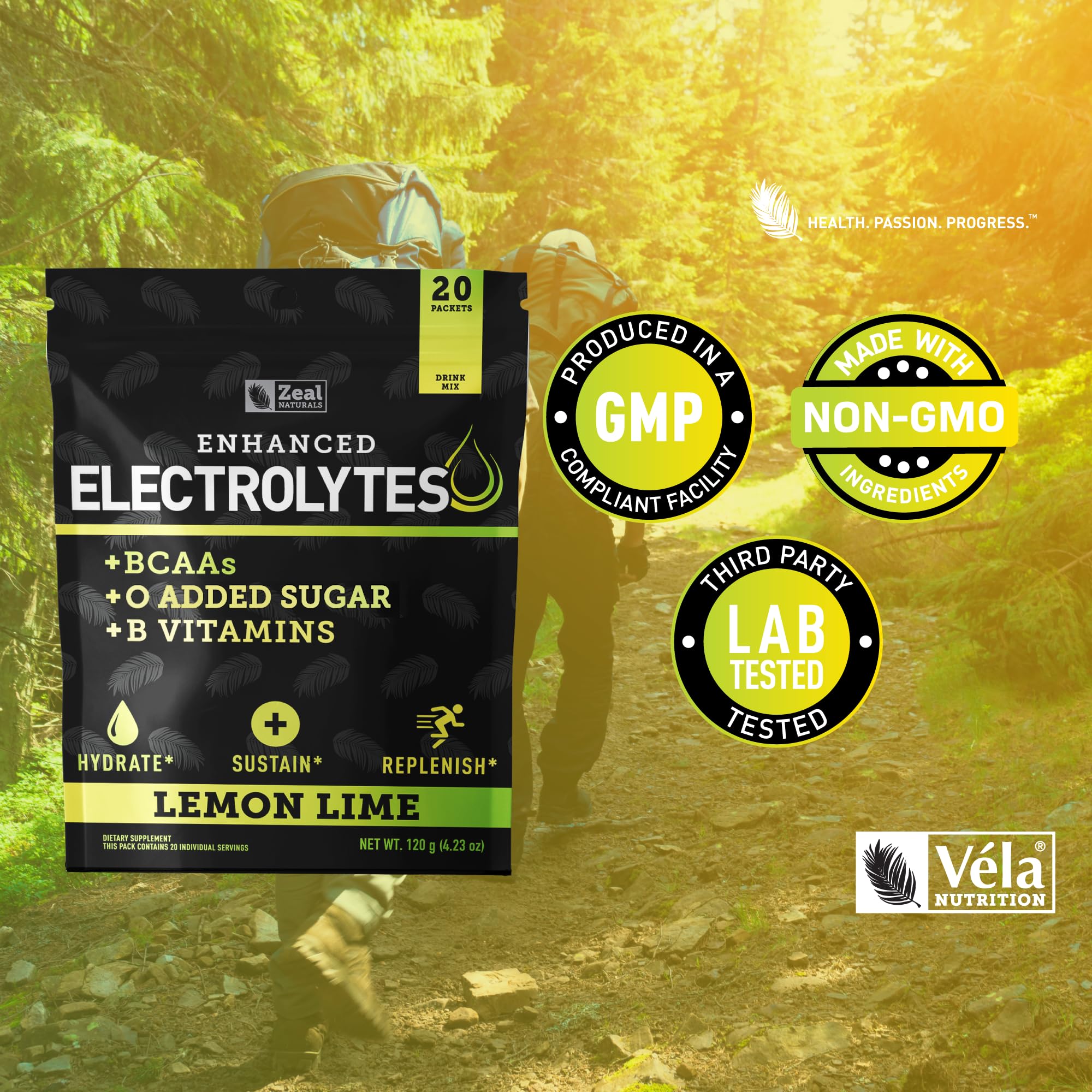 Zeal Naturals Lemon Lime electrolyte sticks mockup with 20 packets for keto-friendly hydration