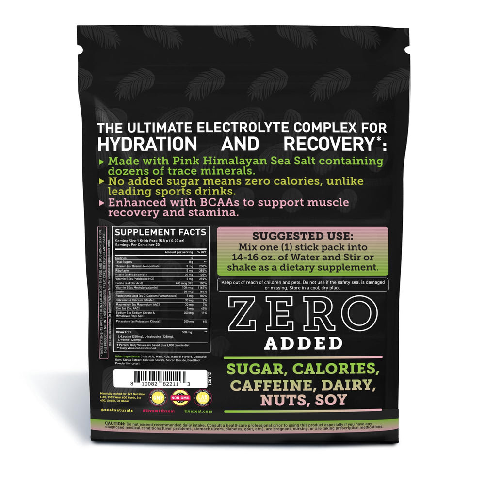 Zeal Naturals Enhanced Electrolyte Stick strawberry-kiwi scoop highlights flavor and electrolytes