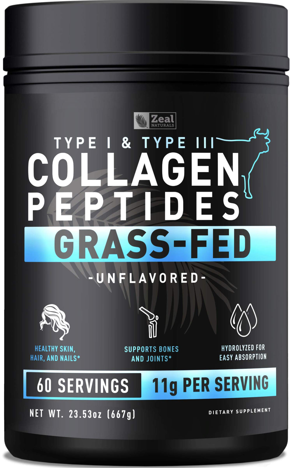 Zeal Naturals hydrolyzed collagen powder tub with scoop for daily hair, skin, and nails support.