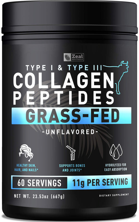 Zeal Naturals hydrolyzed collagen powder tub with scoop for daily hair, skin, and nails support.