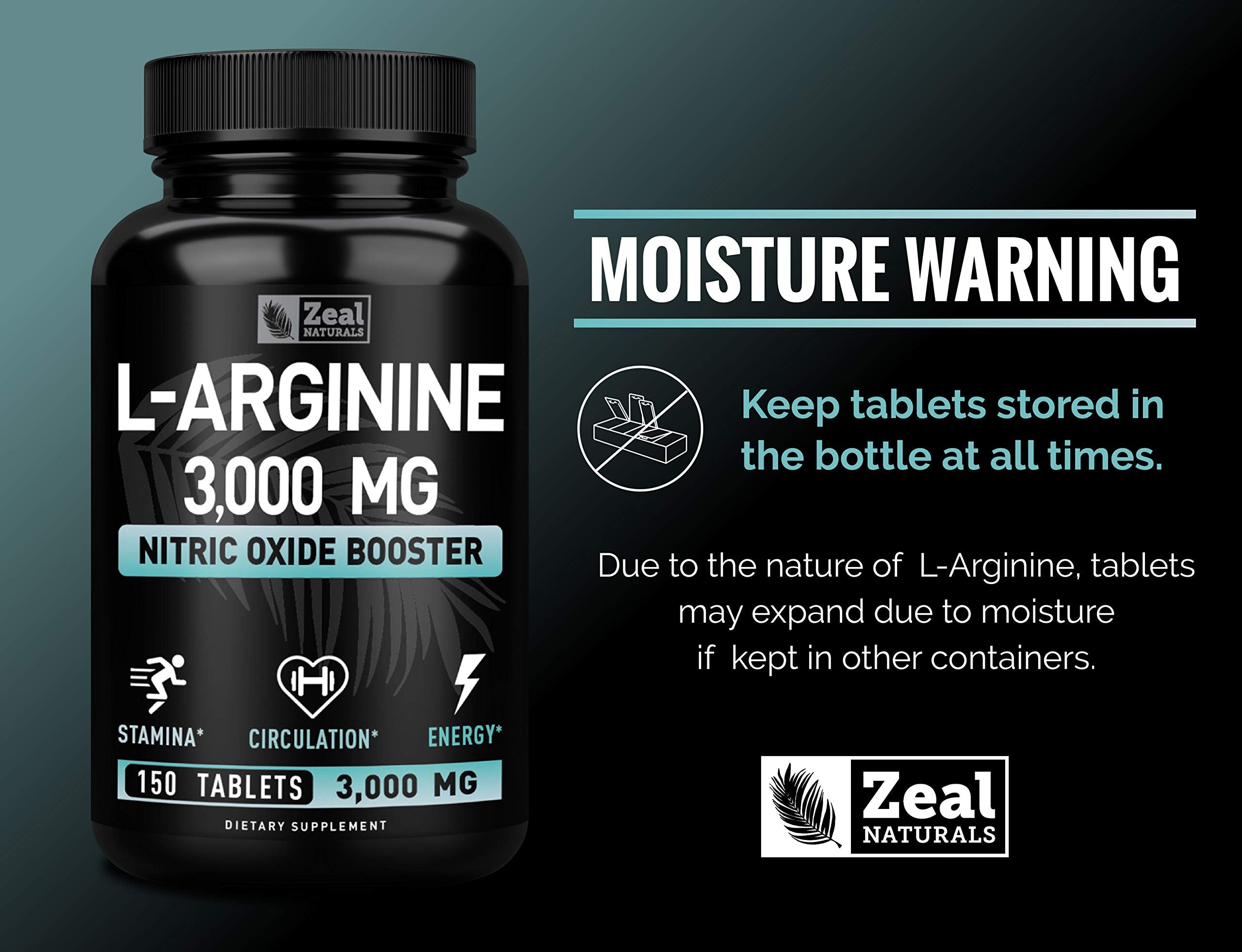 Zeal Naturals L-Arginine box packaging showcasing 3000mg dosage per serving.