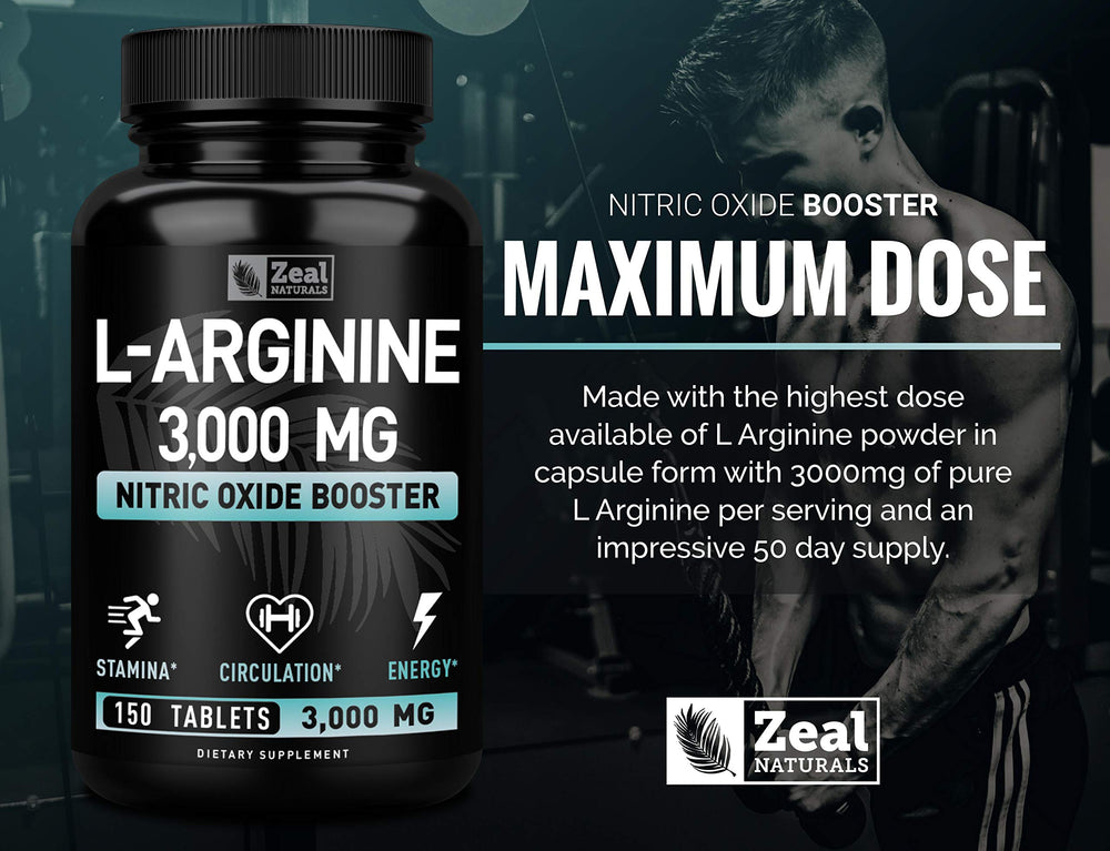 Zeal Naturals L-Arginine tablets dispensing showing dosage details for daily use.